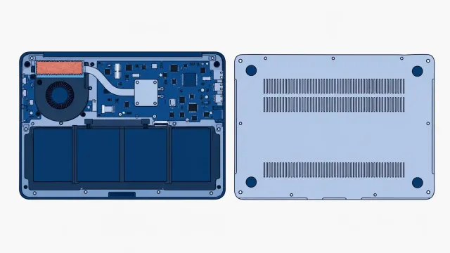 Laptop leżący spodem do góry, obok zdjęta dolna pokrywa z kratkami wentylacyjnymi; w środku płyta główna, wentylator, rurka cieplna od procesora i bateria z czterech ogniw, a radiator przy wentylatorze zatkany kurzem
