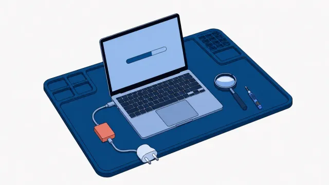 Otwarty laptop z paskiem postępu na ekranie na macie serwisowej, podłączony kablem przez tester USB do zasilacza, obok lupa i mały wkrętak