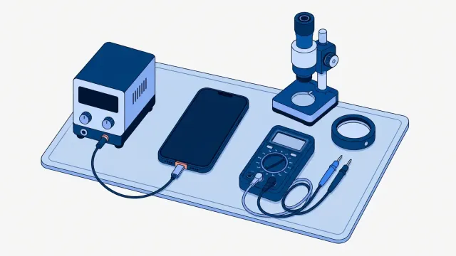 Smartfon na macie serwisowej podłączony kablem do zasilacza laboratoryjnego, obok multimetr z przewodami pomiarowymi, lupa i mikroskop