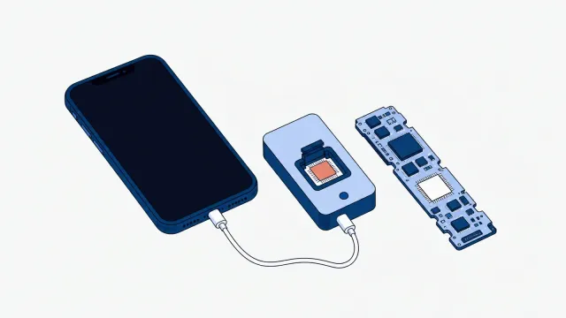Smartfon z czarnym ekranem podłączony kablem do programatora z koralową kością pamięci w gnieździe, obok wyjęta płyta główna z pustym miejscem po kości