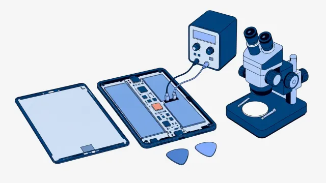 Otwarty tablet z odłożonym obok ekranem, płyta główna między dwoma ogniwami baterii podłączona do zasilacza laboratoryjnego, obok mikroskop i dwie kostki do otwierania