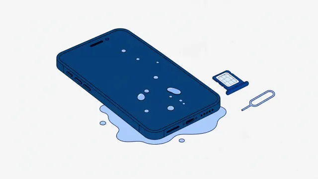 Smartfon z kroplami wody na ciemnym ekranie leżący w małej kałuży, obok wysunięta tacka z kartą SIM i szpilka do jej wysuwania