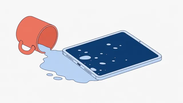 Tablet z kroplami na ciemnym ekranie leżący krawędzią z gniazdem w kałuży płynu wylanego z przewróconego kubka
