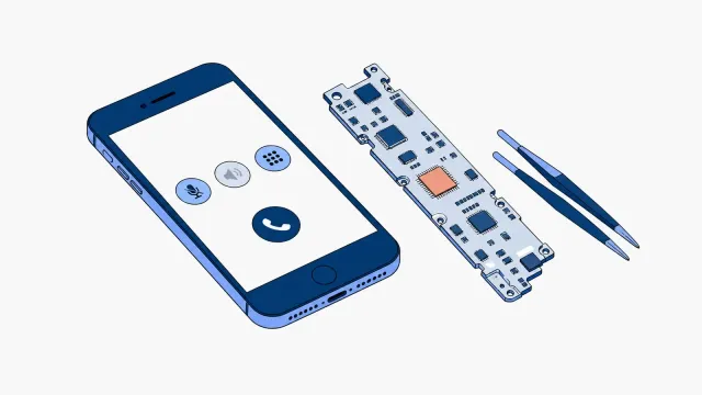Smartfon z przyciskiem Home i ekranem rozmowy, na którym przycisk głośnika jest wyszarzony, obok wyjęta płyta główna z jednym układem zaznaczonym na koralowo i pęseta