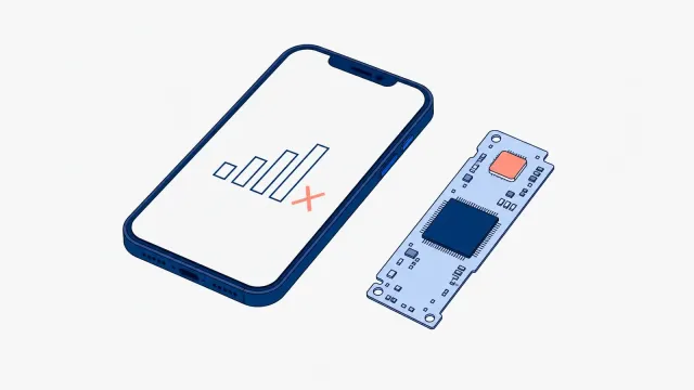 Smartfon z pustą ikoną zasięgu i koralowym krzyżykiem na ekranie, obok wyjęta płyta główna z jednym układem zaznaczonym na koralowo