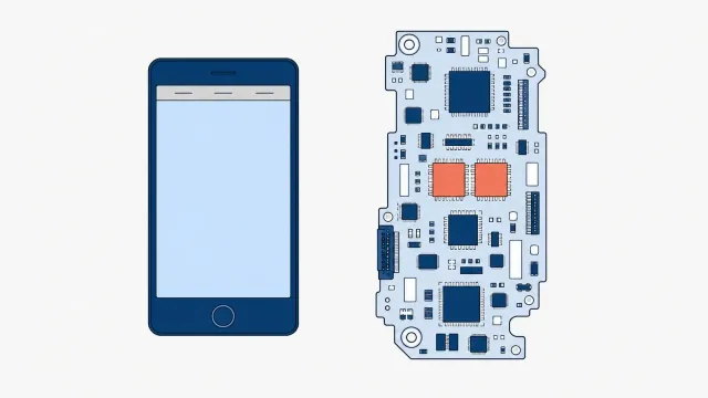 Starszy smartfon z okrągłym przyciskiem pod ekranem i szarym paskiem u góry wyświetlacza, obok płyta główna z dwoma układami zaznaczonymi na koralowo