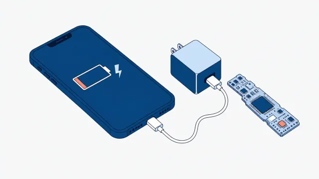 Smartfon z niemal pustą ikoną baterii i symbolem błyskawicy na ekranie, podłączony kablem do ładowarki sieciowej, obok wyjęta płyta główna z jednym małym układem zaznaczonym na koralowo