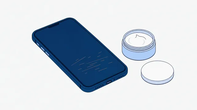 Smartfon z kilkoma drobnymi rysami na wyłączonym ekranie, obok otwarty słoiczek pasty polerskiej i okrągły filcowy pad