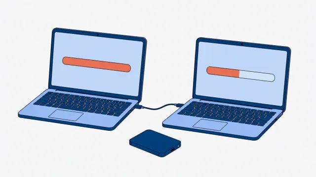 Dwa jednakowe otwarte laptopy połączone kablem, na obu ekranach koralowy pasek postępu, pełny na lewym i w połowie na prawym, przed nimi dysk zewnętrzny