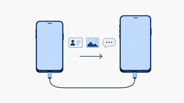 Dwa smartfony połączone kablem, a między nimi ikony kontaktu, zdjęcia i wiadomości ze strzałką od starego telefonu do nowego