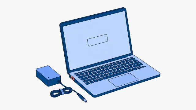 Otwarty laptop z wyróżnionym gniazdem zasilania na lewym boku obudowy, obok zasilacz z kablem zakończonym okrągłą wtyczką