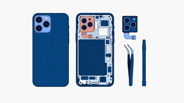 Otwarty smartfon z wyróżnionym modułem tylnego aparatu z trzema obiektywami, obok zdjęta tylna pokrywa, a z prawej nowy moduł aparatu, pęseta i plastikowa łopatka
