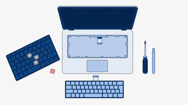 Otwarty laptop z wyjętą klawiaturą i taśmą w pustym miejscu nad touchpadem, pod nim nowa klawiatura z taśmą, z lewej stara klawiatura z trzema brakującymi klawiszami i jednym klawiszem leżącym obok, z prawej wkrętak i plastikowa łopatka