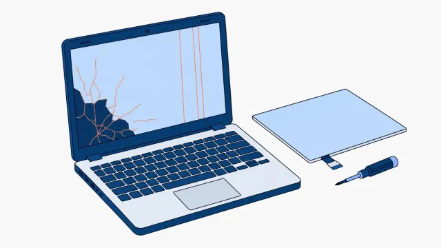Otwarty laptop z pękniętym lewym dolnym rogiem ekranu, ciemną plamą rozlewającą się od pęknięcia i trzema pionowymi pasami po prawej stronie, obok nowa matryca z krótką taśmą i wkrętak