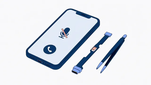 Smartfon z ekranem rozmowy i przekreślonym na koralowo symbolem mikrofonu, obok taśma z gniazdem USB-C i wyróżnionym małym mikrofonem pośrodku oraz pęseta