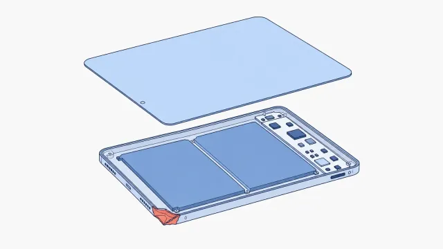 Rozłożony tablet: nad metalowym korpusem z dwoma ogniwami baterii i płytą główną uniesiony cienki wyświetlacz, wgnieciony róg korpusu zaznaczony na koralowo