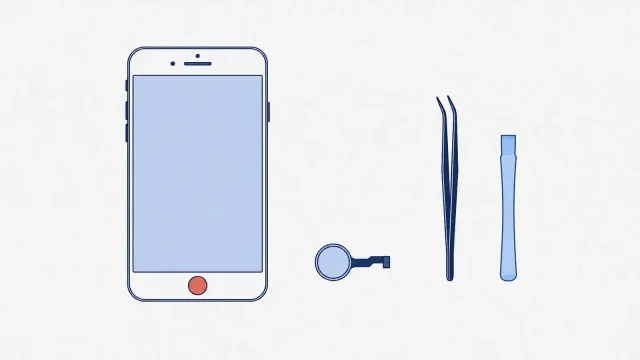 Smartfon z jasnym ekranem i koralowym przyciskiem Home pod ekranem, obok luźny okrągły przycisk z krótką taśmą, pęseta i plastikowa łopatka