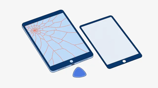 Tablet z przyciskiem Home i szybką pękniętą od lewego górnego rogu, obok nowa szybka tego samego rozmiaru i plastikowa kostka do otwierania