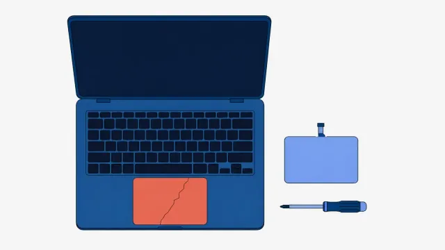 Otwarty laptop widziany z góry z pękniętym touchpadem wyróżnionym pod klawiaturą, obok nowy touchpad tej samej wielkości z krótką taśmą i wkrętak