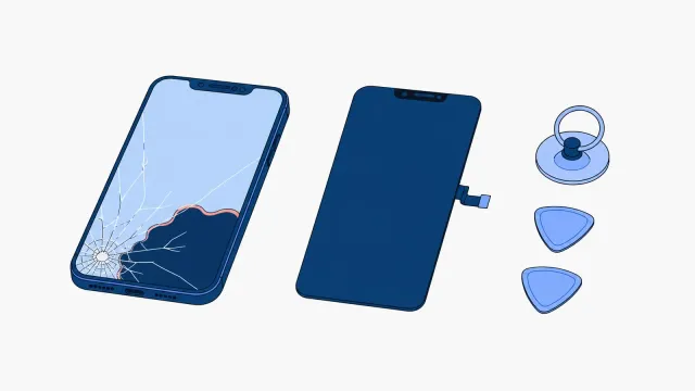Smartfon z szybką pękniętą od lewego dolnego rogu i ciemną plamą na dolnej części ekranu, obok nowy wyświetlacz tej samej wielkości z taśmą, a z prawej przyssawka i dwie plastikowe kostki do otwierania