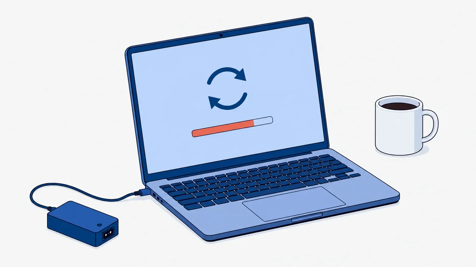 Otwarty laptop na biurku z ikoną dwóch okrężnych strzałek i paskiem postępu wypełnionym na koralowo w trzech czwartych, podłączony do zasilacza, obok kubek kawy