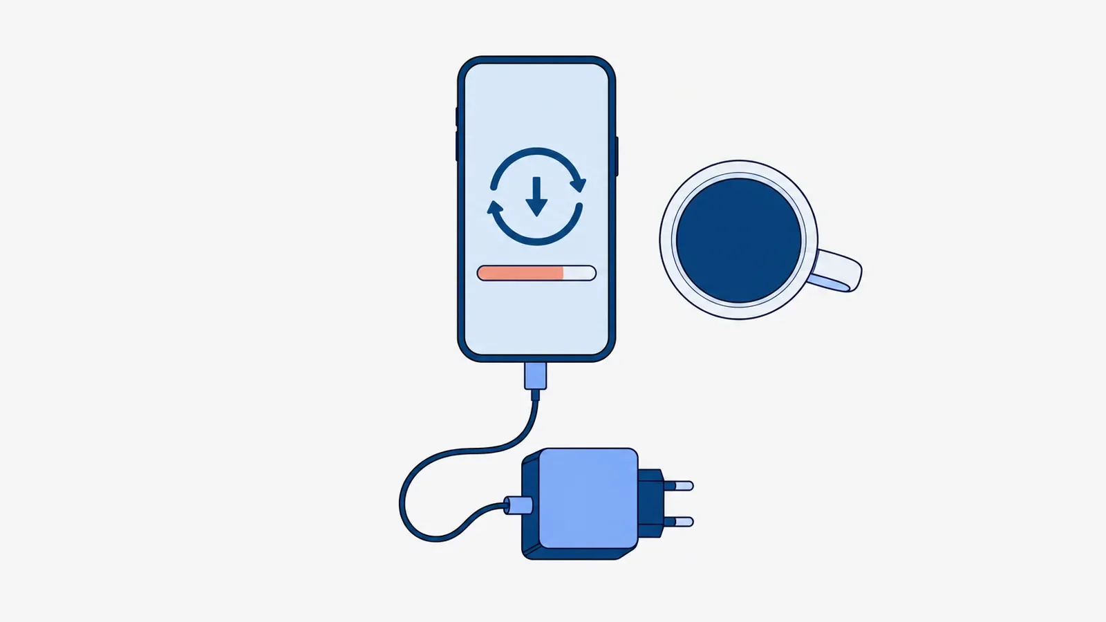 Smartfon leżący ekranem do góry z ikoną aktualizacji i paskiem postępu wypełnionym na koralowo w trzech czwartych, podłączony kablem do ładowarki, obok kubek kawy