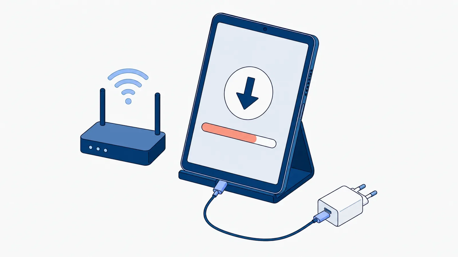 Tablet na podstawce z ikoną pobierania i paskiem postępu na ekranie, podłączony kablem do ładowarki, obok router Wi-Fi