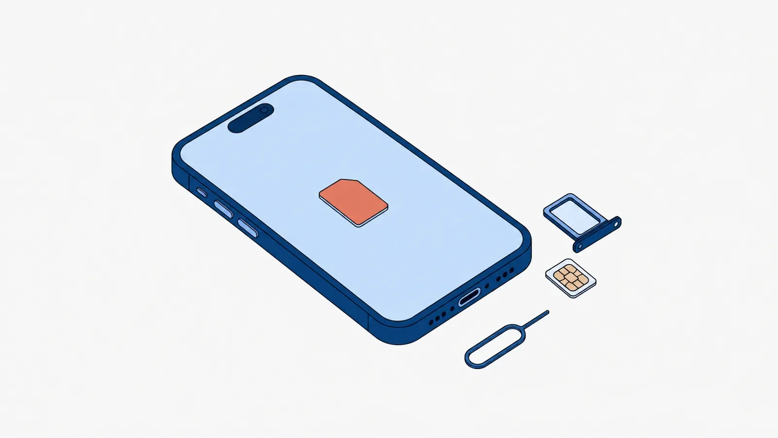 Smartfon z koralową ikoną karty SIM na ekranie, obok pusta tacka, karta nano SIM i szpilka do wysuwania tacki