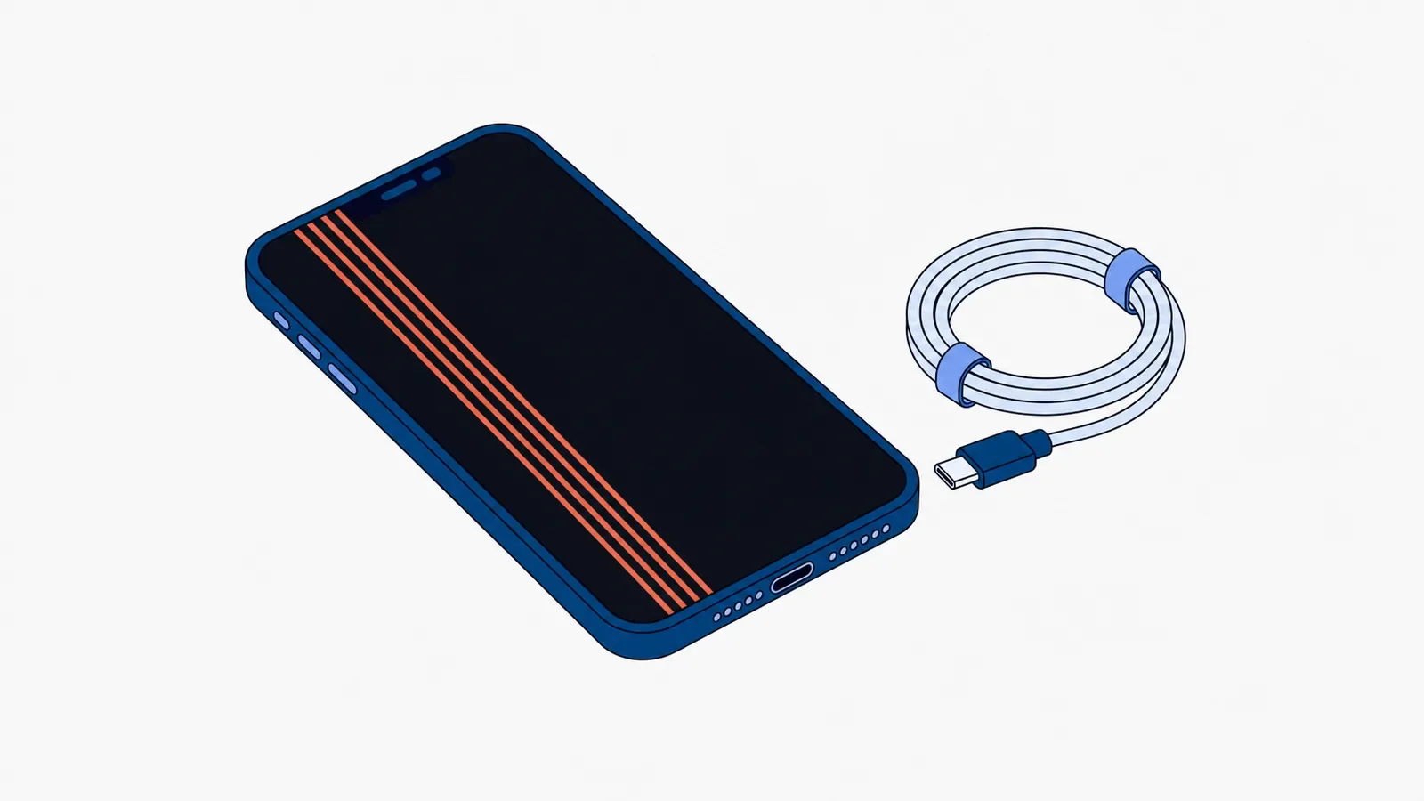 Smartfon leżący ekranem do góry z czarnym ekranem, przez który biegną wzdłuż cztery cienkie koralowe paski, obok zwinięty kabel do ładowania USB-C