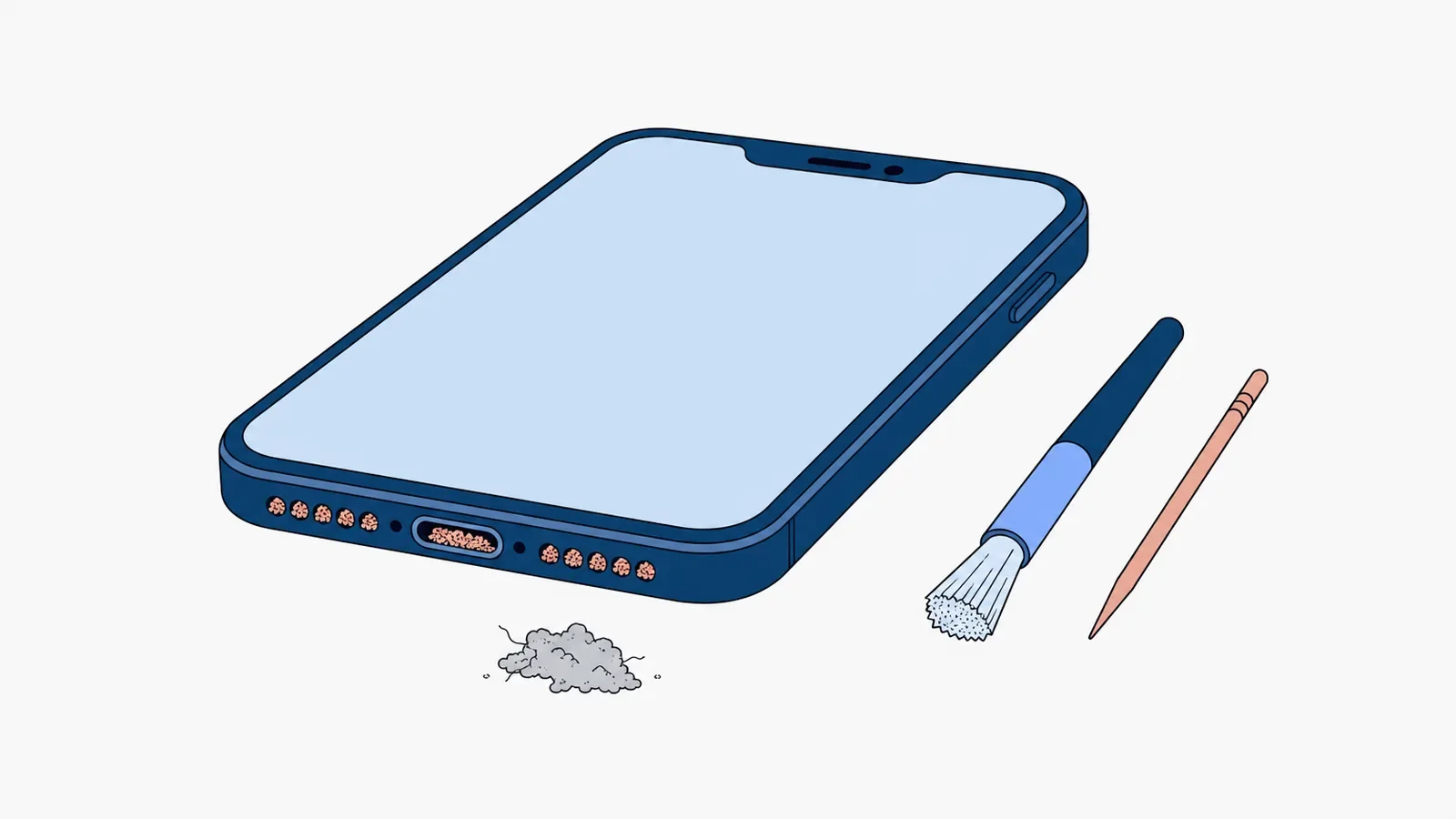 Smartfon leżący ekranem do góry, w dolnej krawędzi otwory głośnika po obu stronach gniazda USB-C i samo gniazdo zatkane brudem, przed telefonem kupka szarych kłaczków, z prawej miękki pędzelek i drewniana wykałaczka