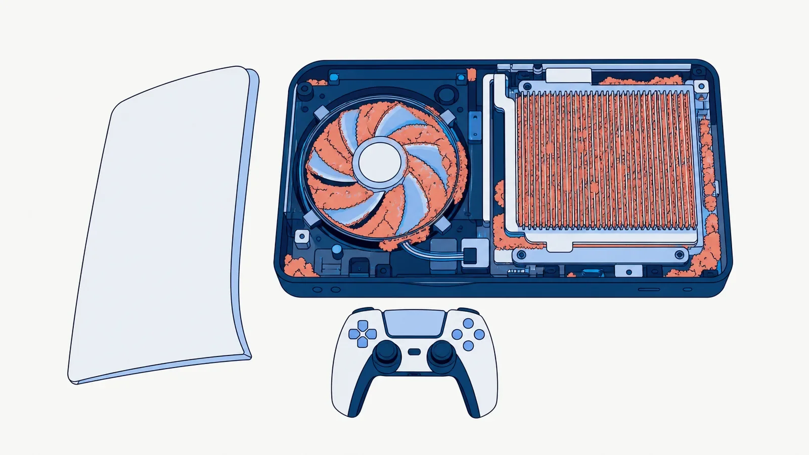 Rozkręcona konsola widziana z góry: wentylator i radiator zarośnięte kurzem, obok zdjęty biały panel obudowy i pad