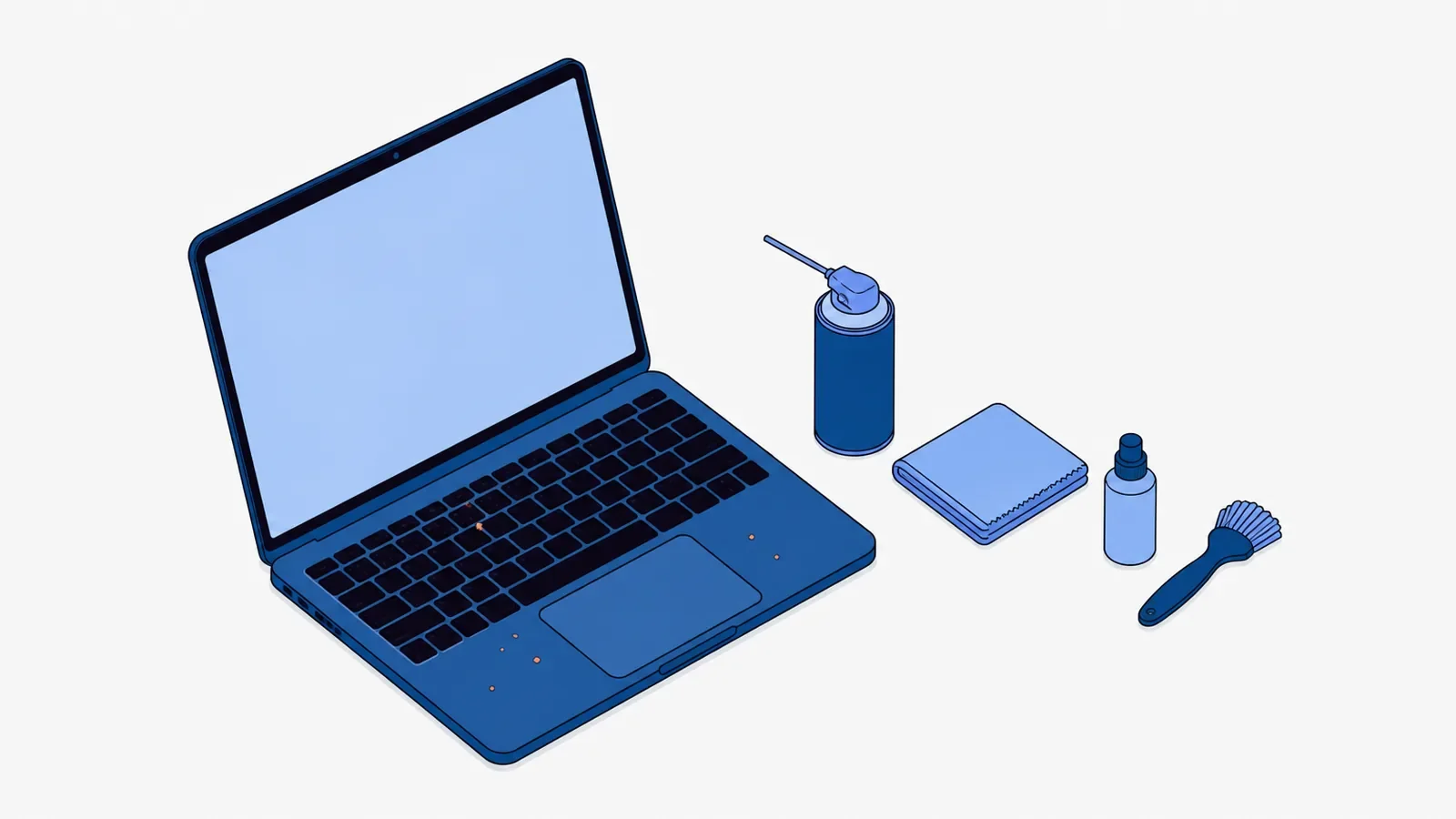 Otwarty laptop na biurku z drobnymi koralowymi okruchami na klawiaturze i podparciu dłoni, obok w rzędzie puszka sprężonego powietrza z rurką, złożona ściereczka, mała buteleczka z atomizerem i pędzelek