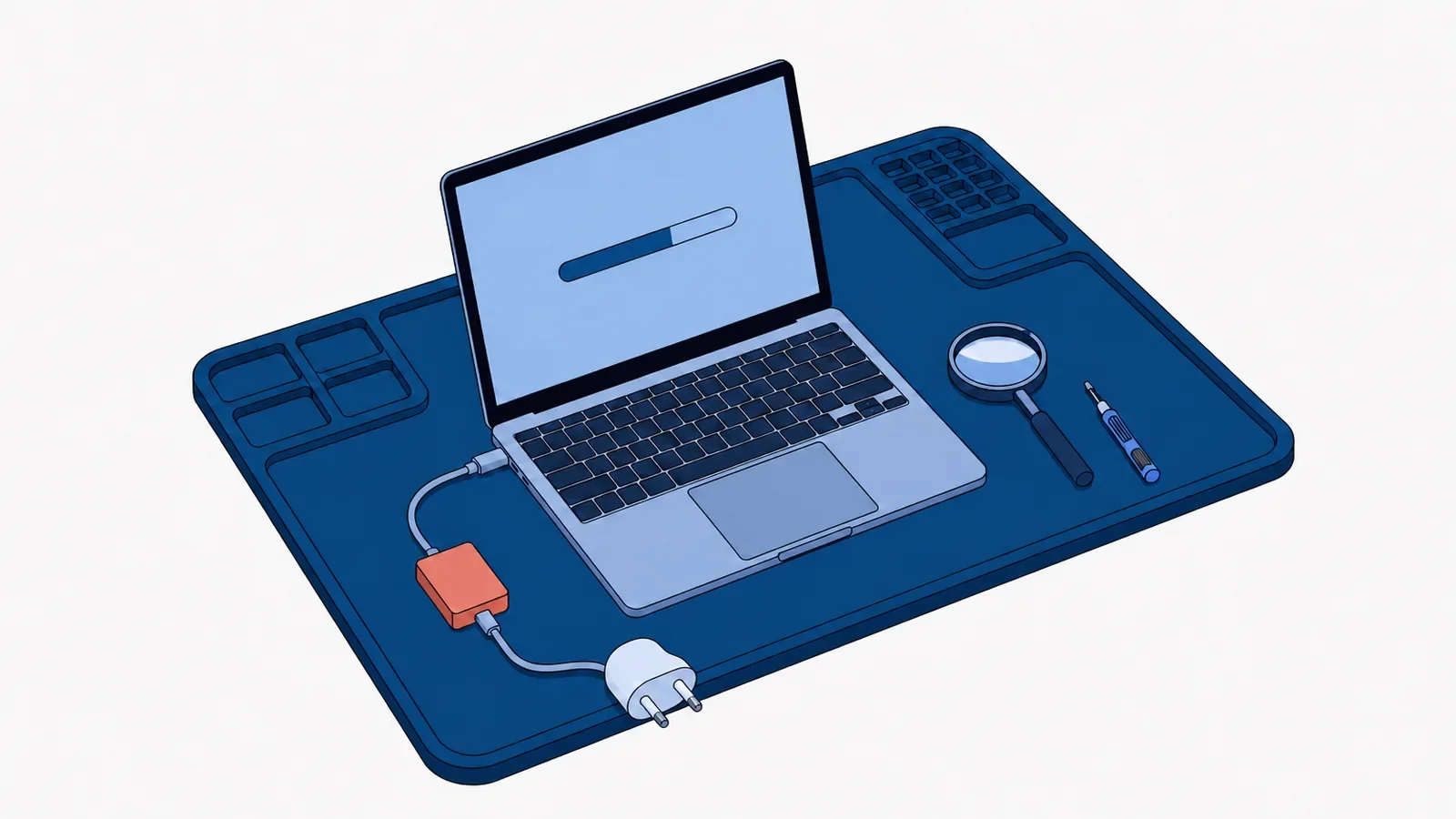Otwarty laptop z paskiem postępu na ekranie na macie serwisowej, podłączony kablem przez tester USB do zasilacza, obok lupa i mały wkrętak