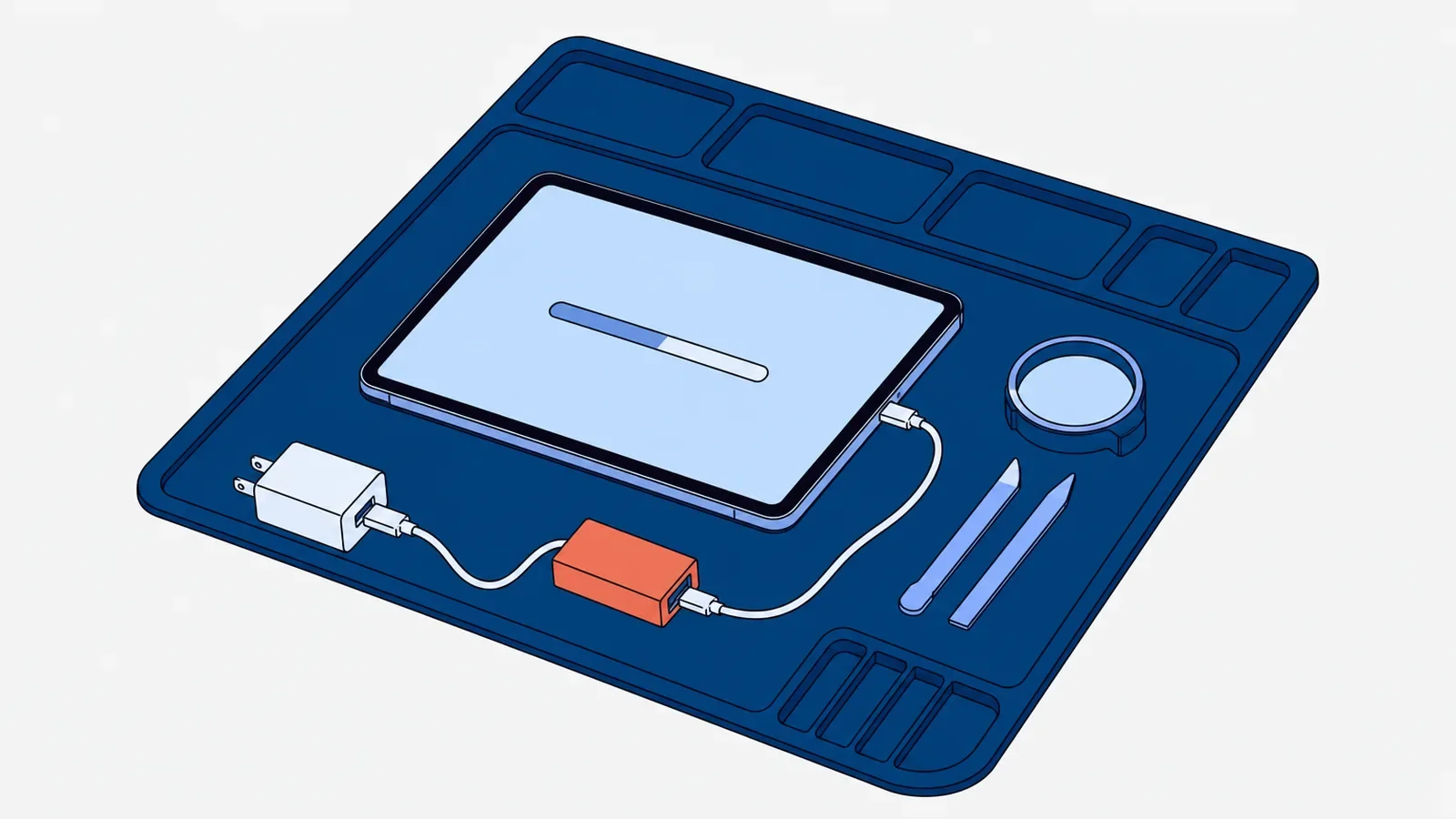 Tablet z paskiem postępu na ekranie podłączony kablem przez tester USB do ładowarki, obok lupa i plastikowe kostki do otwierania