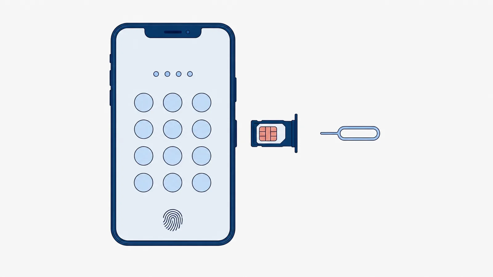 Smartfon z ekranem wpisywania kodu i symbolem odcisku palca, obok wysunięta tacka z kartą nano-SIM i kluczyk do tacki