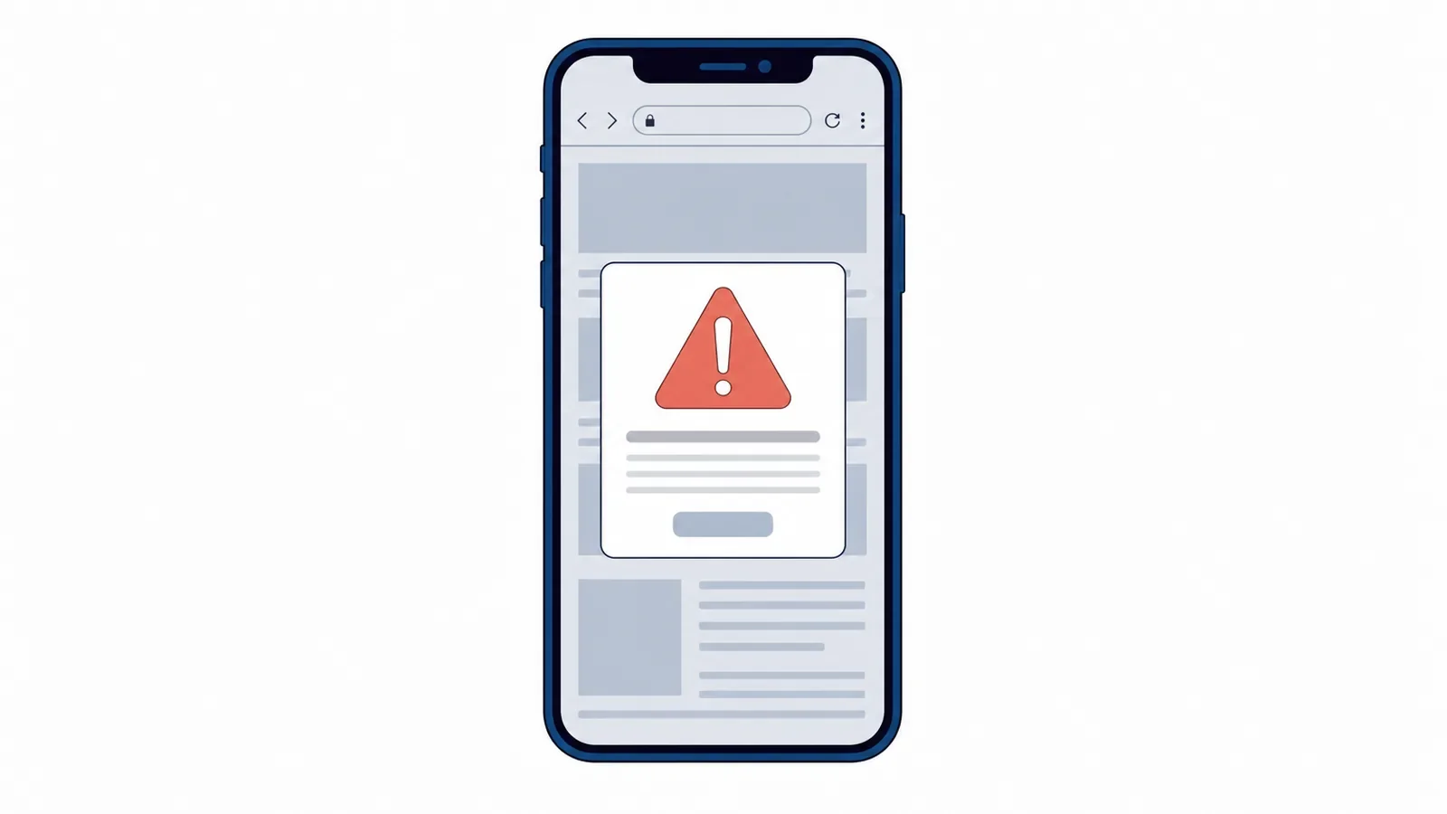 Smartfon stojący pionowo, na ekranie przeglądarka z wyskakującym oknem, w którym jest duży koralowy trójkąt ostrzegawczy z wykrzyknikiem, szare linie i szary przycisk