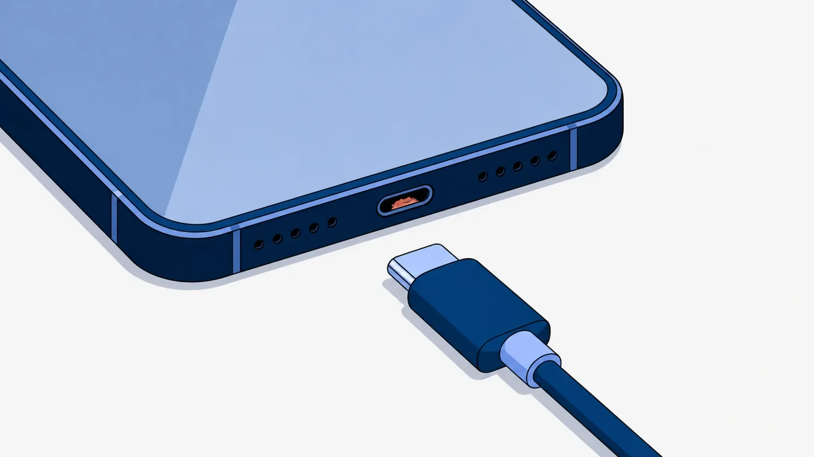 Dolna krawędź smartfona z bliska, w gnieździe USB-C koralowy kłębek kłaczków, przed telefonem leży odłączona wtyczka kabla USB-C