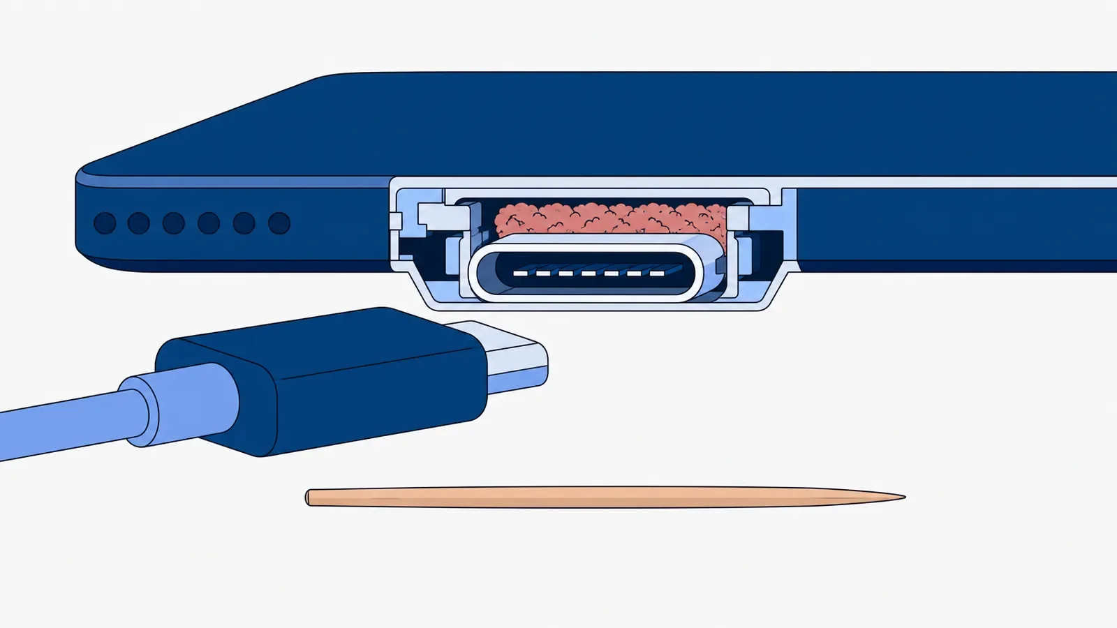 Gniazdo USB-C w krawędzi tabletu z kłaczkami zbitymi wewnątrz, przed nim wtyczka kabla USB-C i drewniana wykałaczka