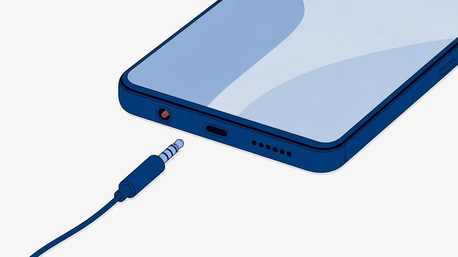 Dolna krawędź smartfona z bliska: okrągłe gniazdo słuchawkowe z koralowym kłaczkiem w środku, owalny port USB-C i otwory głośnika, przed telefonem wtyczka jack słuchawek na cienkim kablu