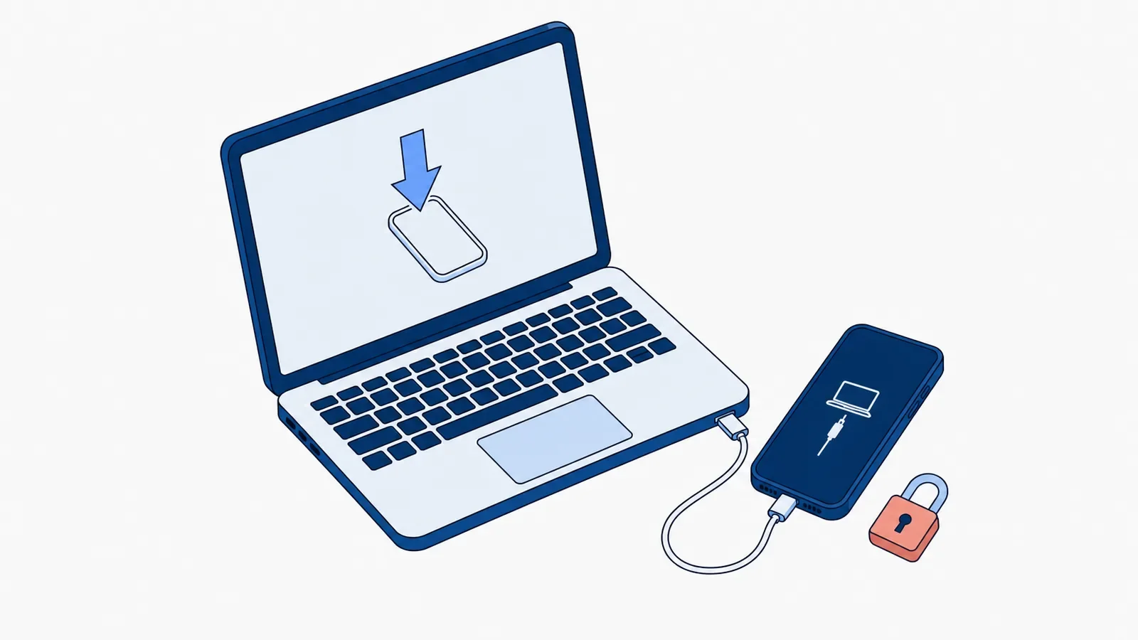 Smartfon w trybie odzyskiwania z ikoną laptopa i kabla na ekranie, podłączony kablem USB do laptopa, na którego ekranie strzałka wskazuje wgrywanie systemu do telefonu, obok zamknięta kłódka