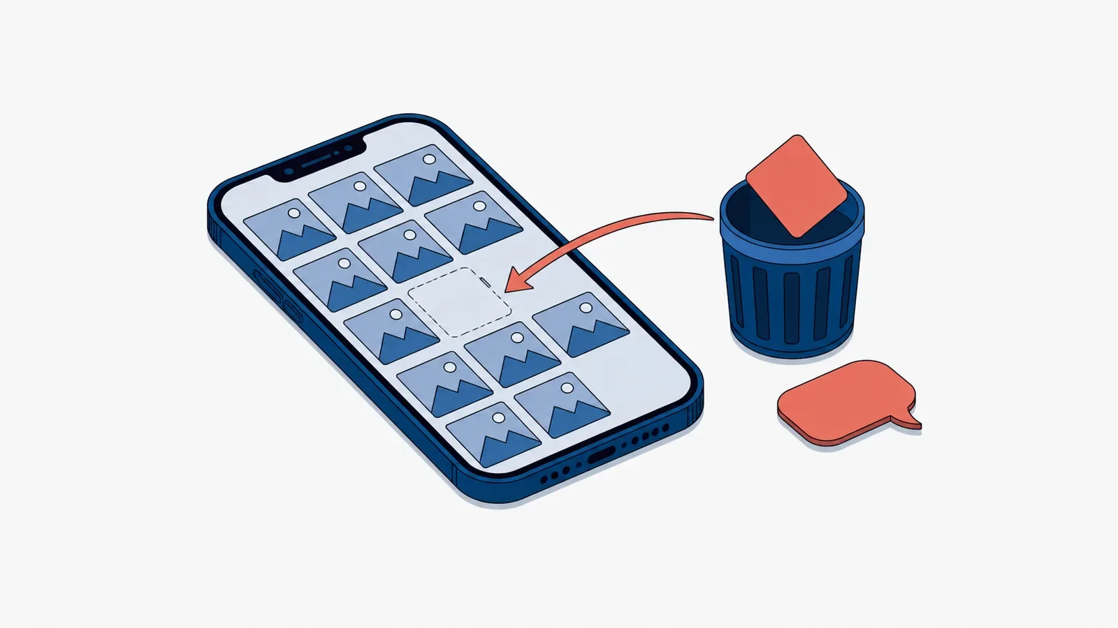 Smartfon z siatką zdjęć na ekranie i pustym miejscem w siatce, obok kosz, z którego wystaje koralowe zdjęcie, i koralowa strzałka prowadząca z kosza do pustego miejsca, przy koszu koralowy dymek wiadomości