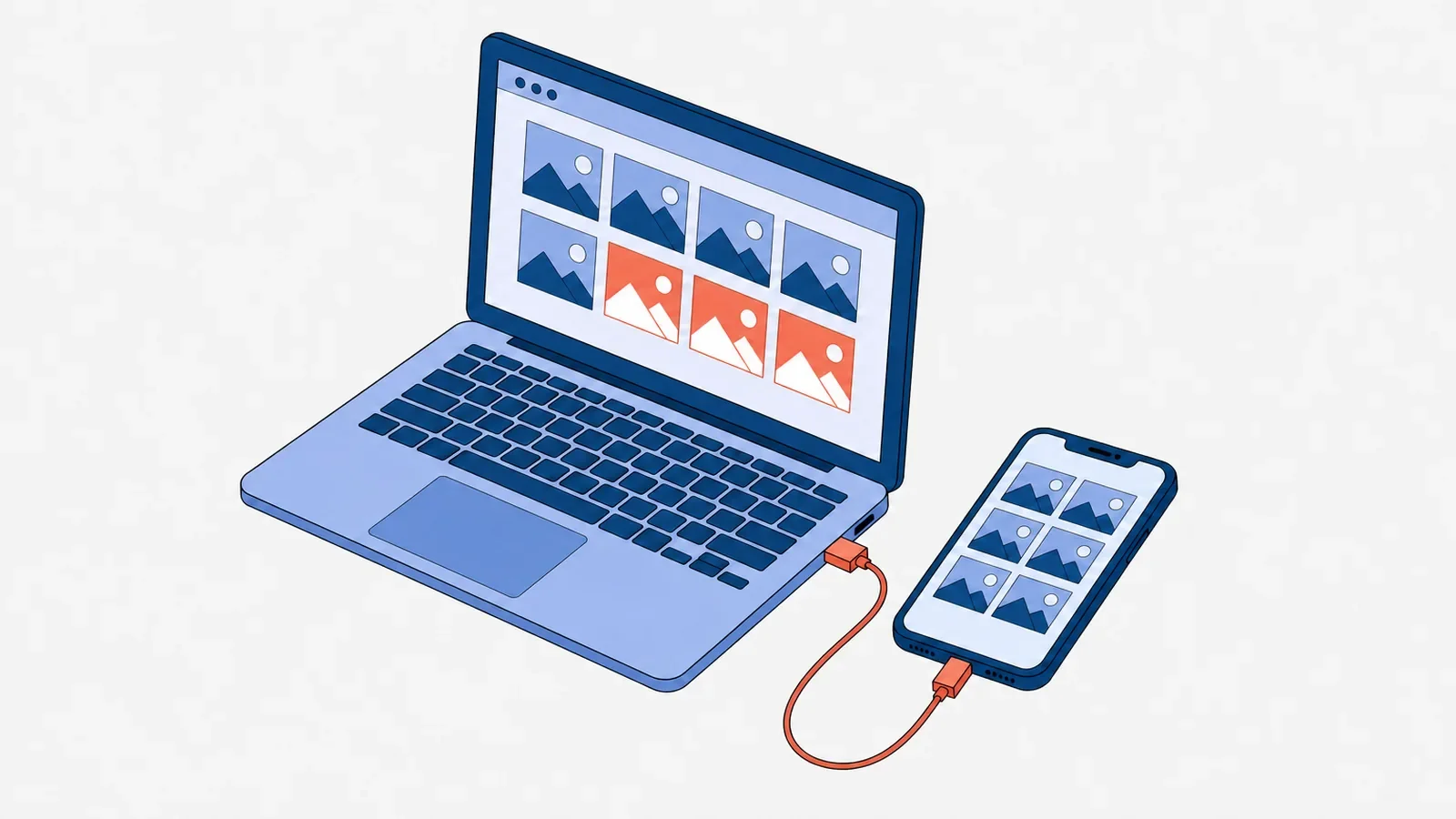 Otwarty laptop z siatką zdjęć na ekranie, w której trzy zdjęcia są koralowe, połączony koralowym kablem USB ze smartfonem leżącym obok, na którego ekranie też widać siatkę zdjęć