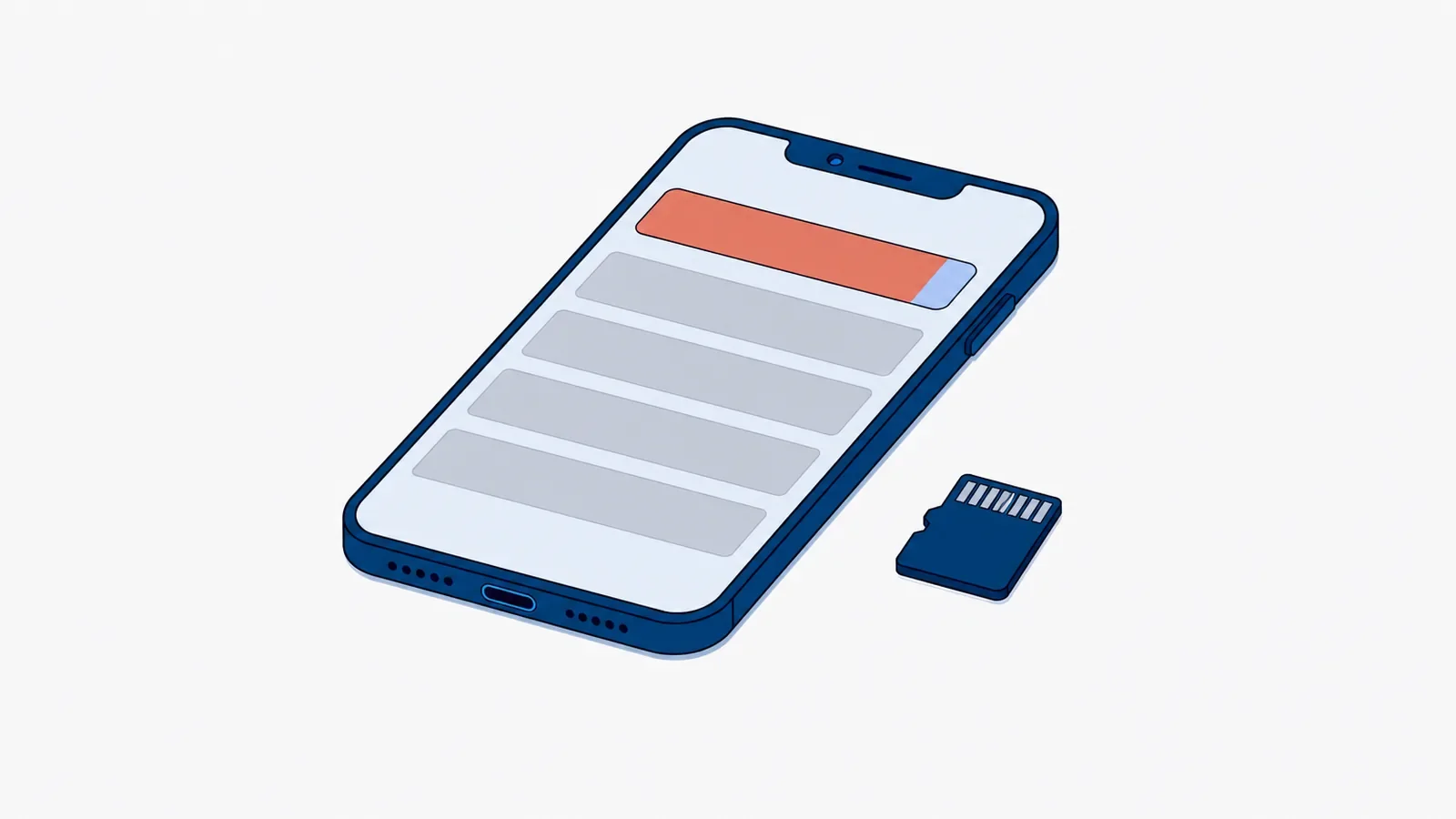 Smartfon leżący ekranem do góry, na ekranie poziomy pasek pamięci prawie w całości wypełniony na koralowo i cztery szare wiersze, obok telefonu mała karta microSD