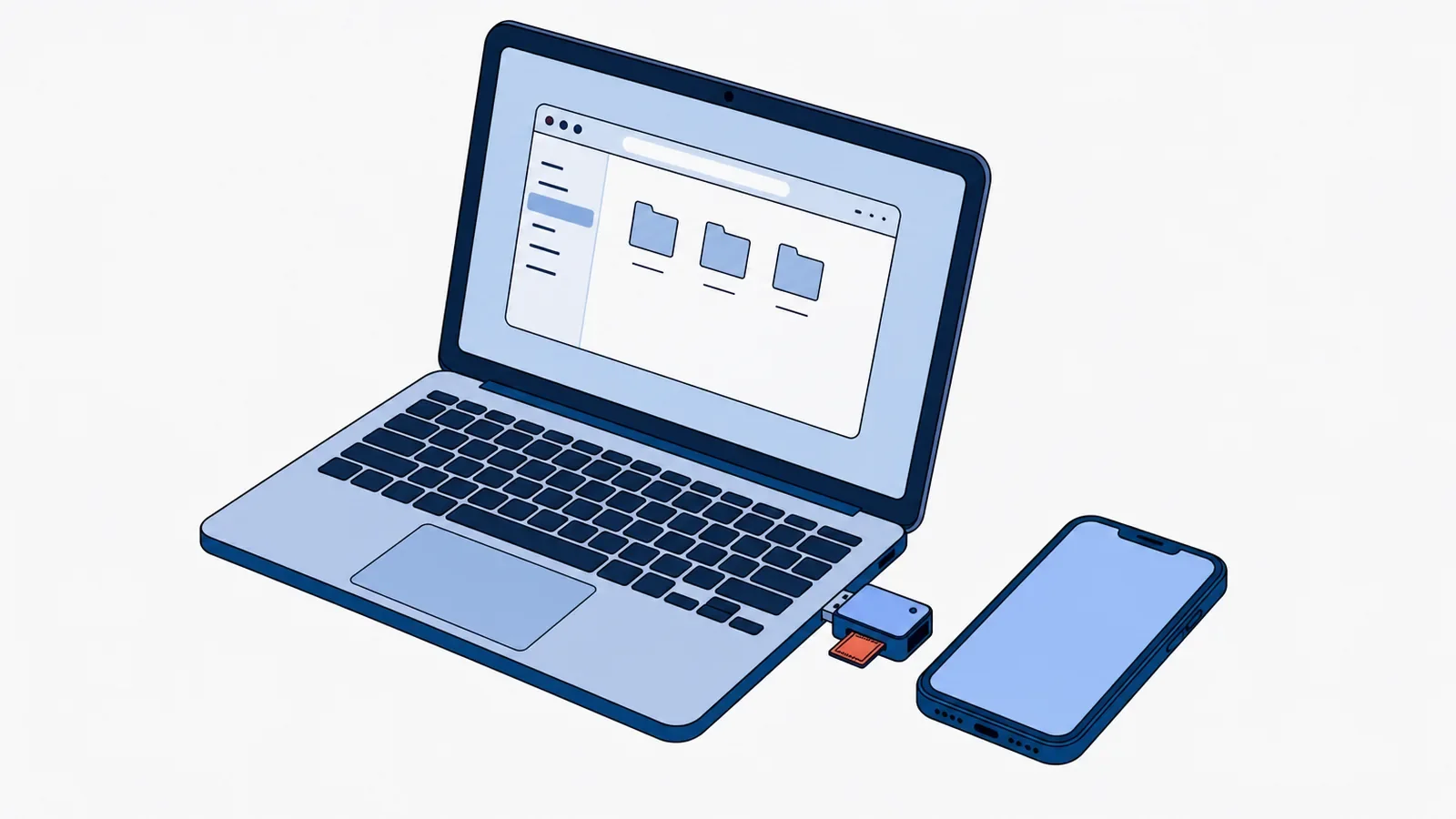 Otwarty laptop z oknem folderów na ekranie, w porcie USB z boku czytnik kart z włożoną koralową kartą microSD, obok laptopa leży smartfon