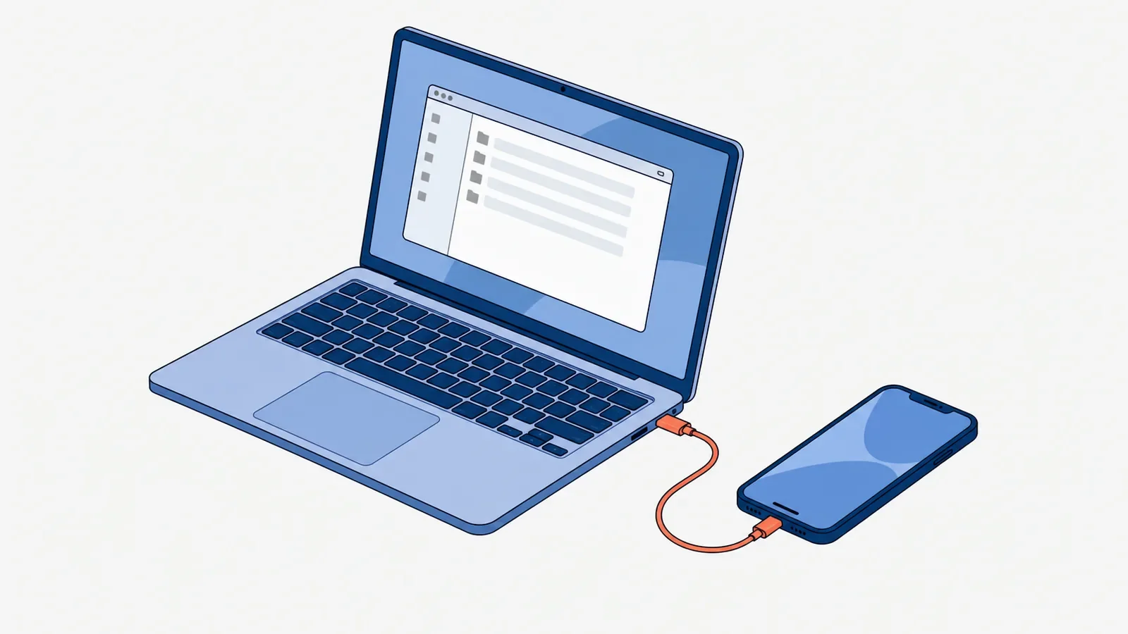 Otwarty laptop z oknem plików z kilkoma folderami na ekranie, obok smartfon leżący ekranem do góry, połączony z portem USB laptopa koralowym kablem
