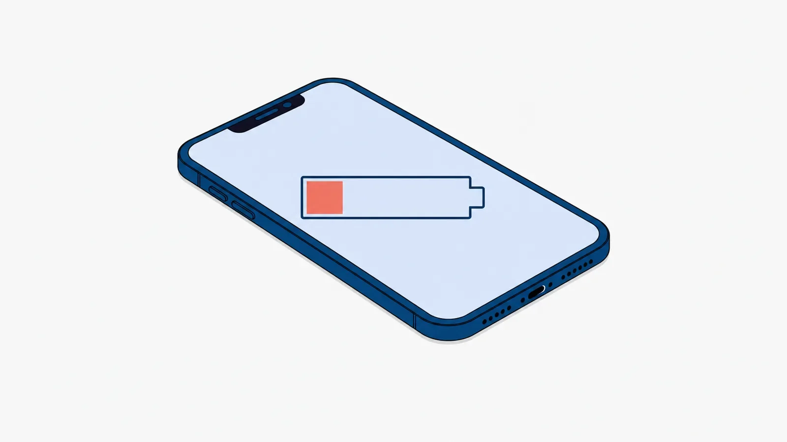 Smartfon leżący ekranem do góry, na ekranie ikona baterii z krótkim koralowym paskiem naładowania