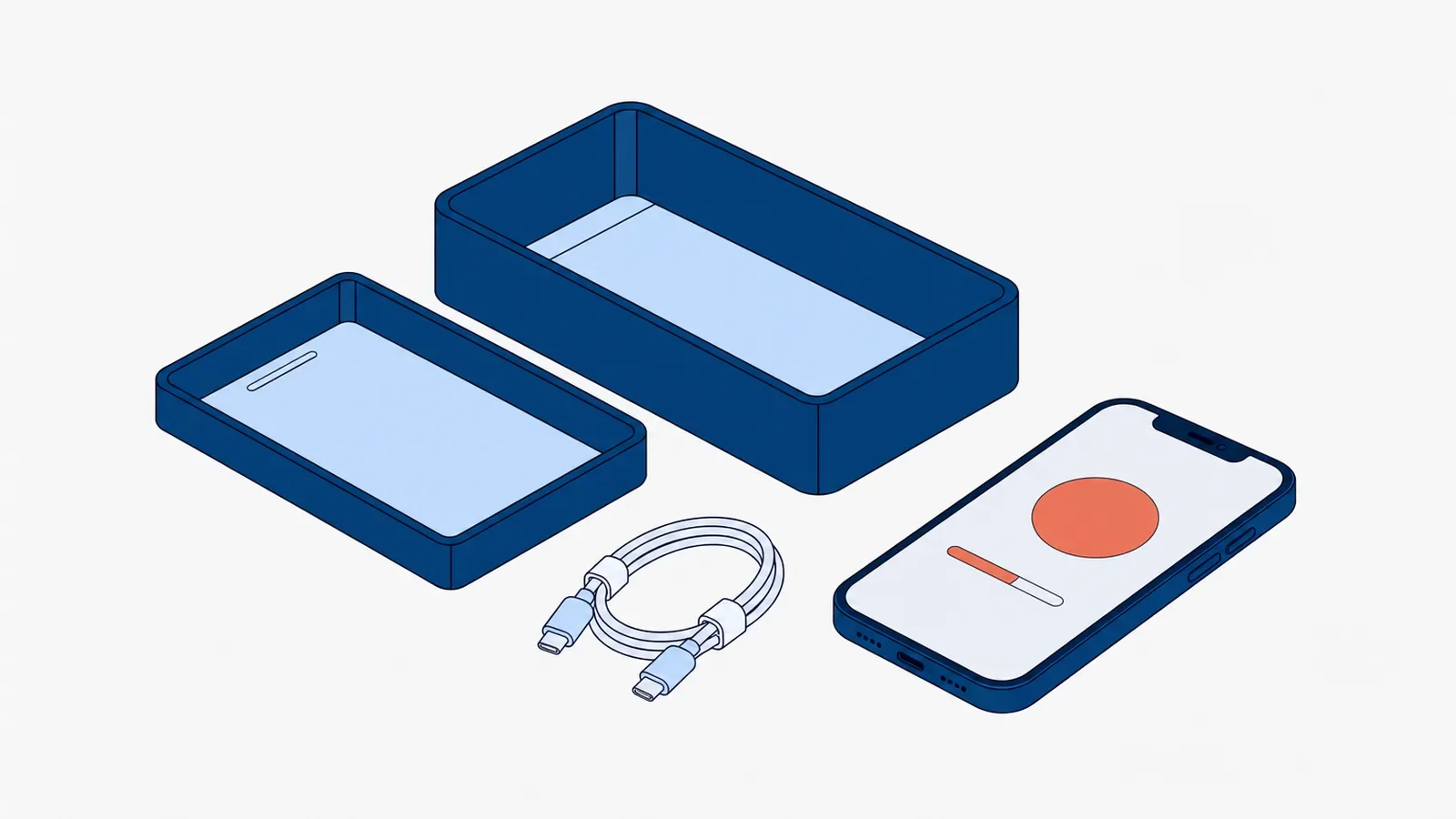 Otwarte puste pudełko po smartfonie i jego wieczko, obok zwinięty kabel USB-C i nowy smartfon z koralowym kołem i paskiem postępu na ekranie