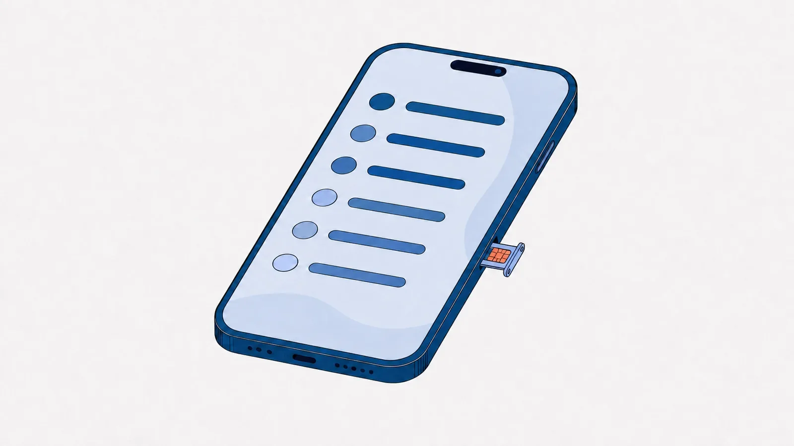 Smartfon z listą kontaktów na ekranie, pokazanych jako kółka i paski, z wysuniętą z prawego boku tacką, w której leży karta nano SIM z koralowym stykiem