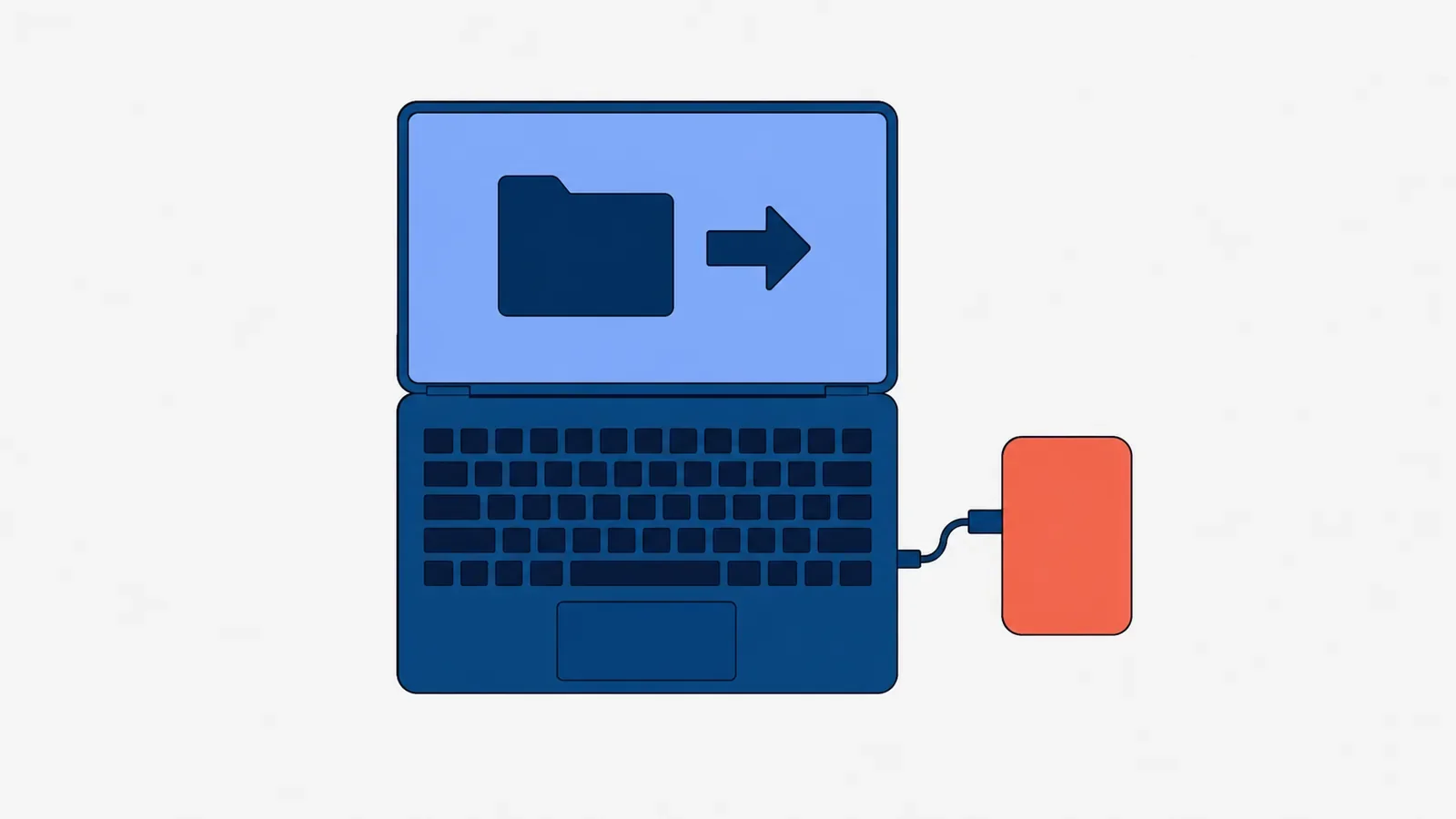 Otwarty laptop widziany z góry, na ekranie ikona folderu i strzałka w prawo, obok koralowy dysk zewnętrzny podłączony kablem do laptopa
