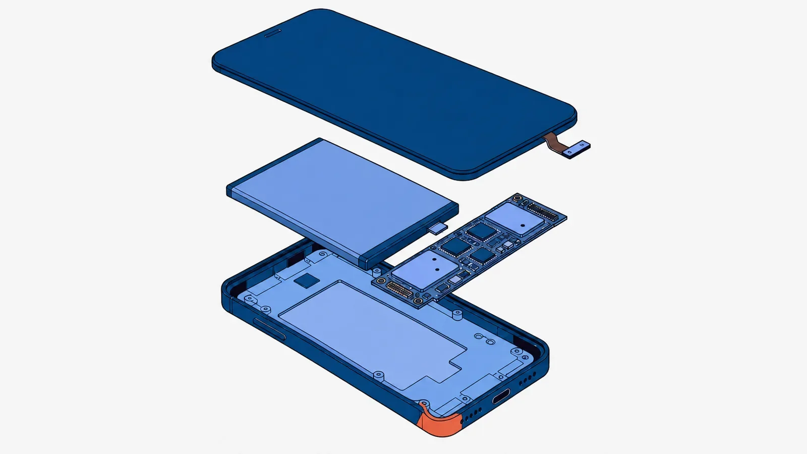Rozebrany smartfon w warstwach: na górze zdjęty wyświetlacz z taśmą, pod nim wyjęte bateria i płyta główna z układami i osłonami, na dole obudowa widziana od środka, z otworami na śruby i uszkodzonym dolnym rogiem